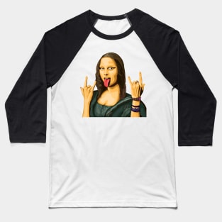 Mona Lisa rocks out - luxury painting no background - devil horns tongue out Baseball T-Shirt